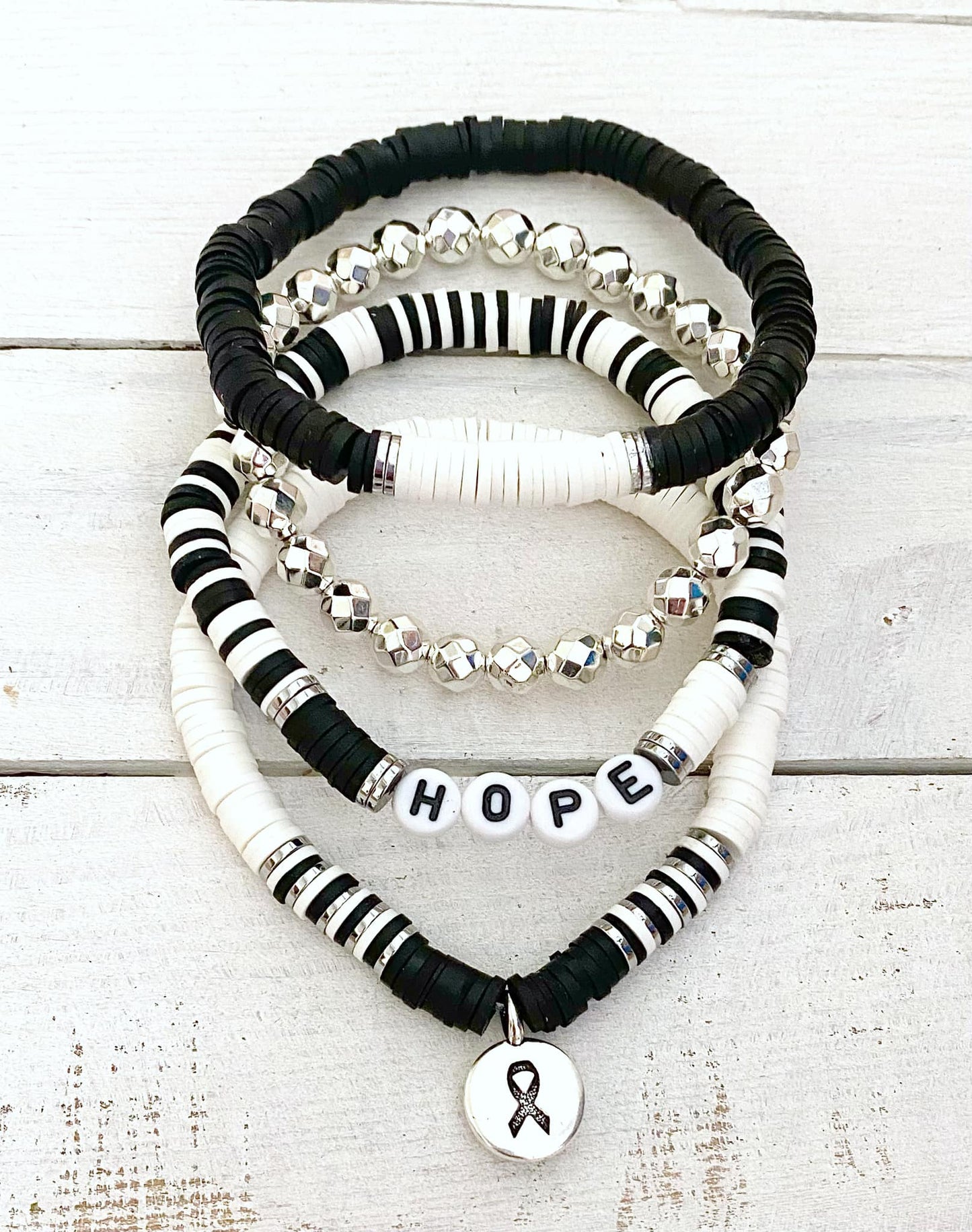 Carcinoid Cancer CVID Black White Stacked Stretch Awareness Ribbon Bracelet Survivor Hope Love Set You Select Bracelet Length and Wording